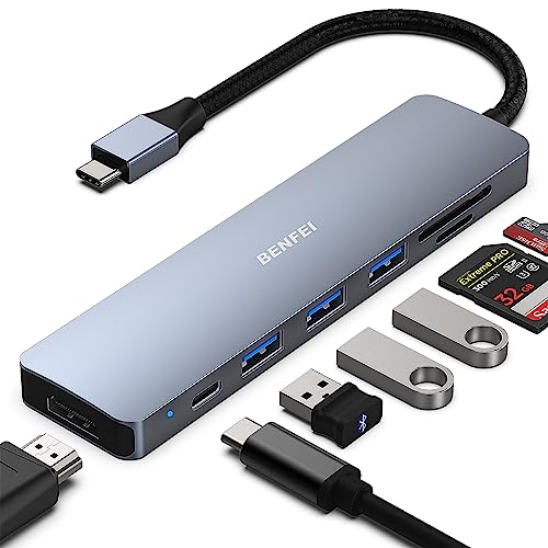 BENFEI USB C HUB 7in1, USB C HUB Multiport Adapter with USB-C to HDMI, USB-C to SD/TF Card Reader/3*USB 3.0/60W Power Delivery
