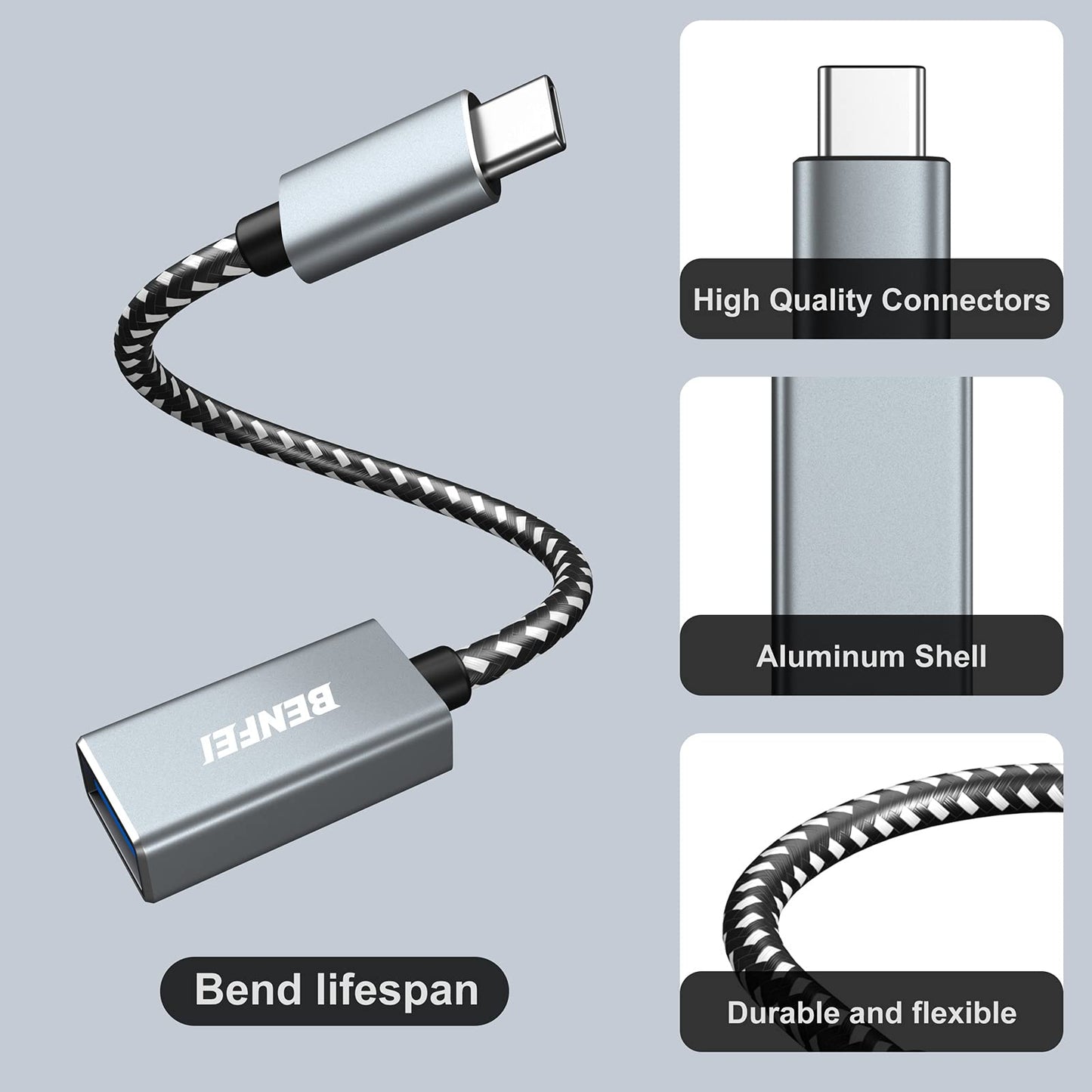 BENFEI USB C to USB 3.0 Adapter, 2 Pack USB C to A Male to Female Adapter Compatible with iPhone 15 Pro/Max, MacBook Pro/Air 2023, iMac, S23, XPS 17 Grey
