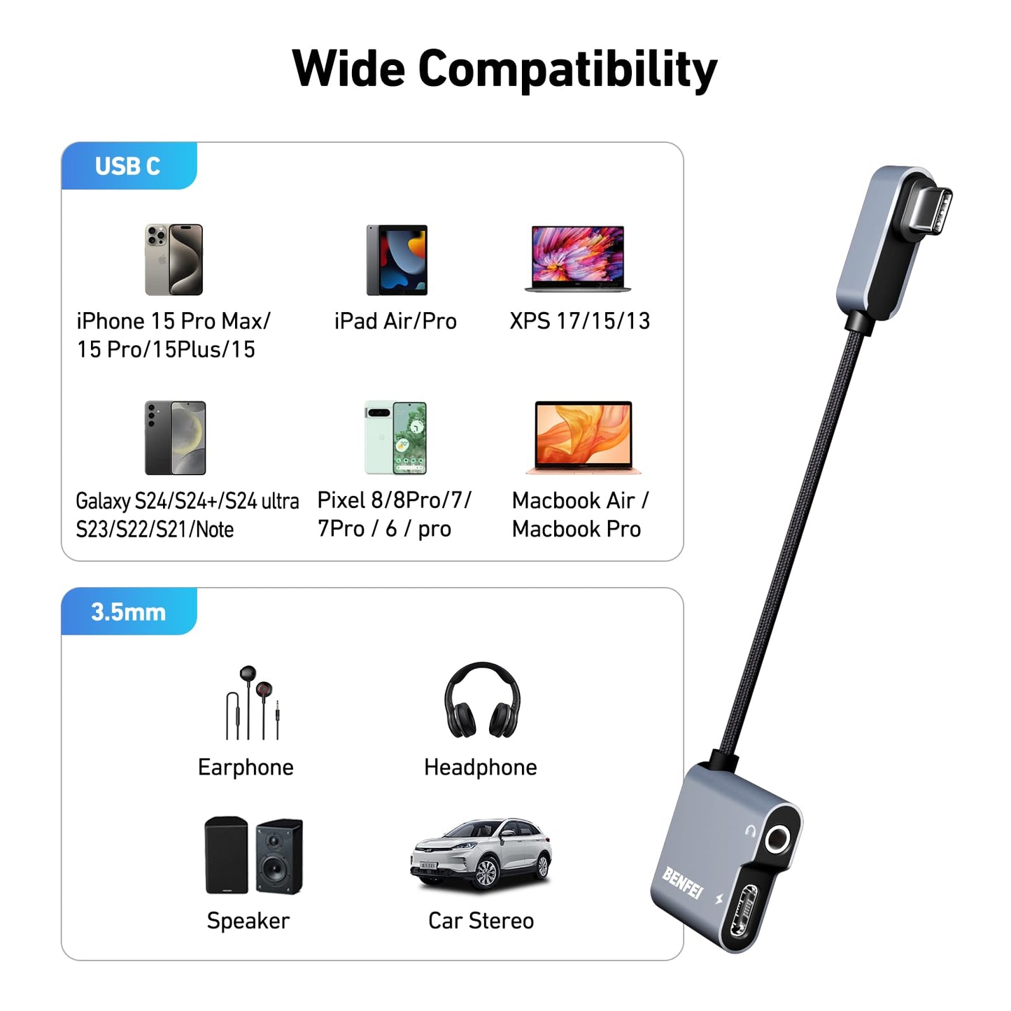BENFEI USB C to Audio Jack Adapter with 60W Fast Charging, USB-C to 3.5mm Female Headphone Compatible with iPhone 15 Pro Max/15 Pro/15, Samsung Galaxy S24/S23/S22/S21 Ultra, iPad Pro, Pixel 8 Grey