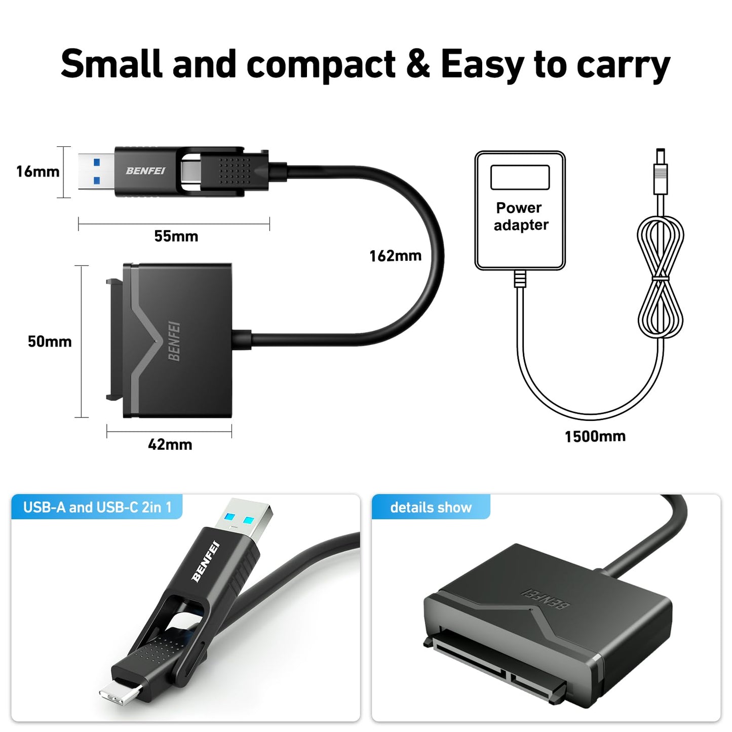 BENFEI SATA to USB 3.0 Cable, USB 3.0 to SATA III Hard Drive Adapter Compatible for 2.5 3.5 Inch HDD/SSD Hard Drive Disk with 12V/2A Power Adapter, Support UASP USB to 2.5 3.5 SSD HDD