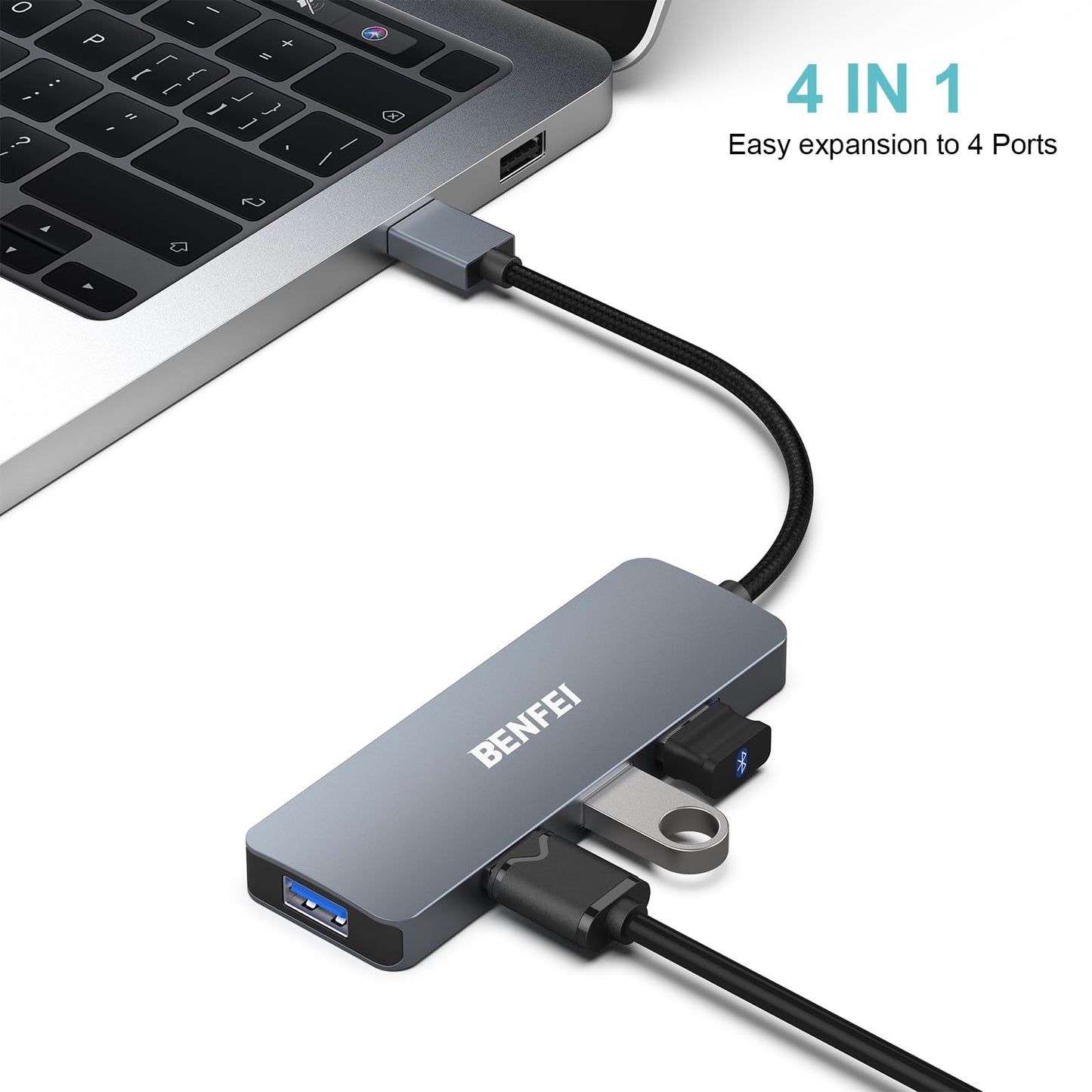 BENFEI USB 3.0 Hub, 4 Ports USB A Splitter Ultra-Slim USB Expander for Mouse, Keyboard, Flash Drive, U Disk, Printer Compatible with Laptop, Desktop PC, Xbox, PS5, and More 0.3 Feet Gray