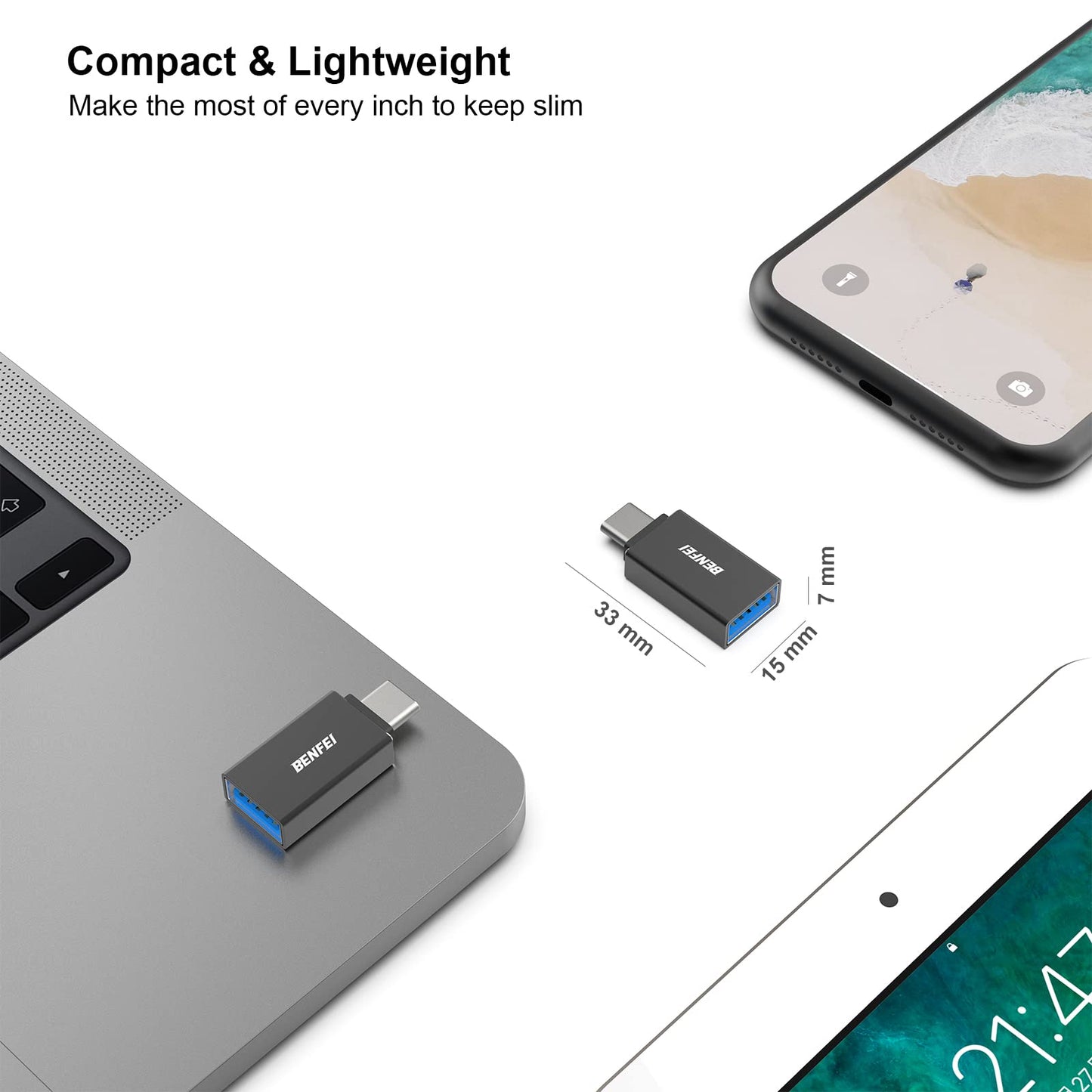 BENFEI USB C to USB 3.0 Adapter, 3 Pack USB C to One Male to Female Adapter, Compatible with MacBook 2018 2017 2016, Samsung Galaxy Note 8, Galaxy S8 S8+S9, Google Pixel, Nexus, Black 3 Paquet
