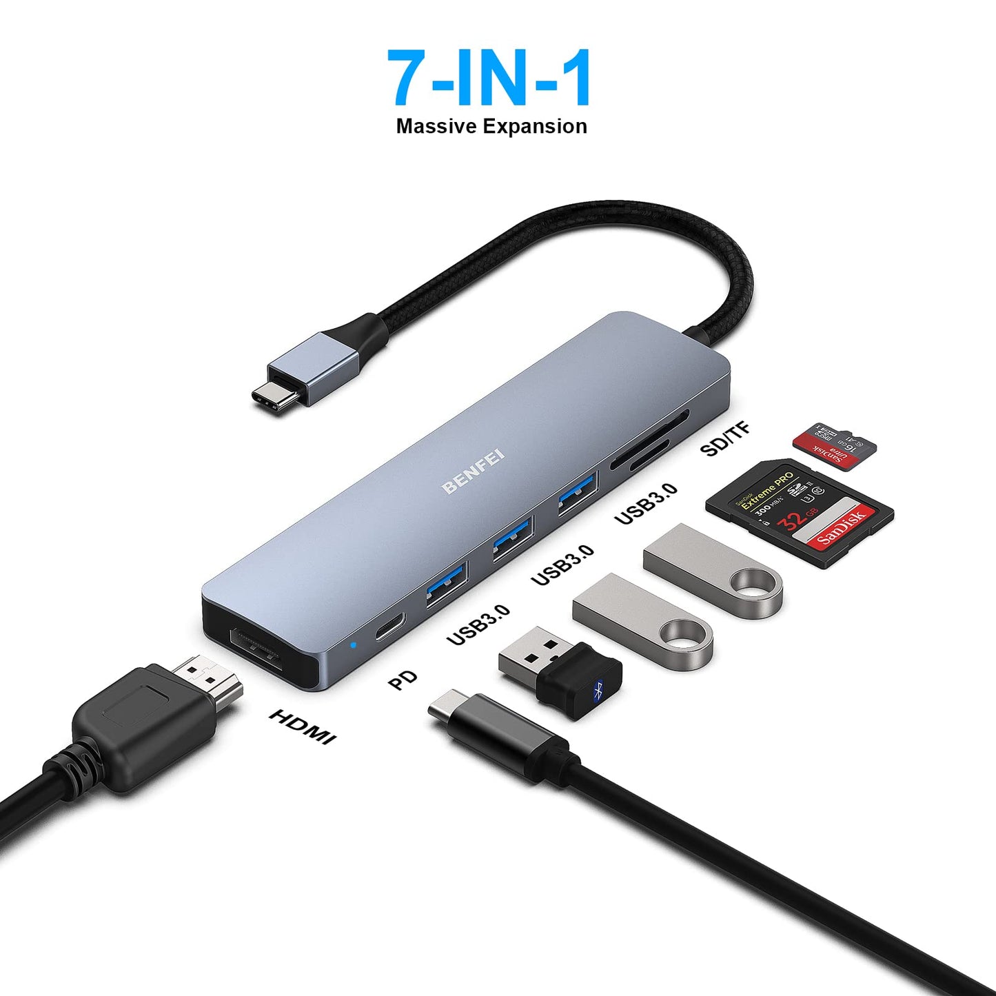 BENFEI USB C HUB 7in1, USB C HUB Multiport Adapter with USB-C to HDMI, USB-C to SD/TF Card Reader/3*USB 3.0/60W Power Delivery