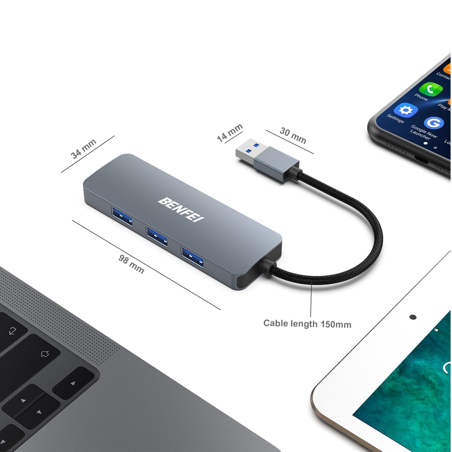 BENFEI USB 3.0 Hub, 4 Ports USB A Splitter Ultra-Slim USB Expander for Mouse, Keyboard, Flash Drive, U Disk, Printer Compatible with Laptop, Desktop PC, Xbox, PS5, and More 0.3 Feet Gray