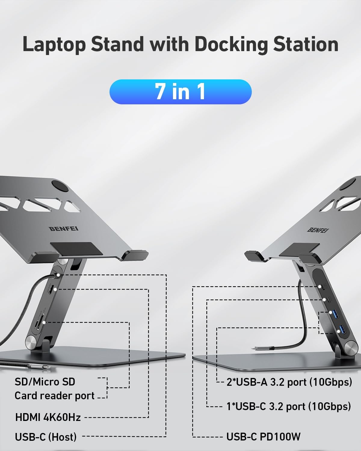 BENFEI Laptop Stand with USB C 7 in 1 Docking Station,HDMI 4K@60Hz,1*SD 1*Micro SD,100W Power Delivery,10Gbps 1*USB C 3.2 and 2*USB A 3.2 Compatible with MacBook Pro/Air, iPad Pro, XPS, Thinkpad