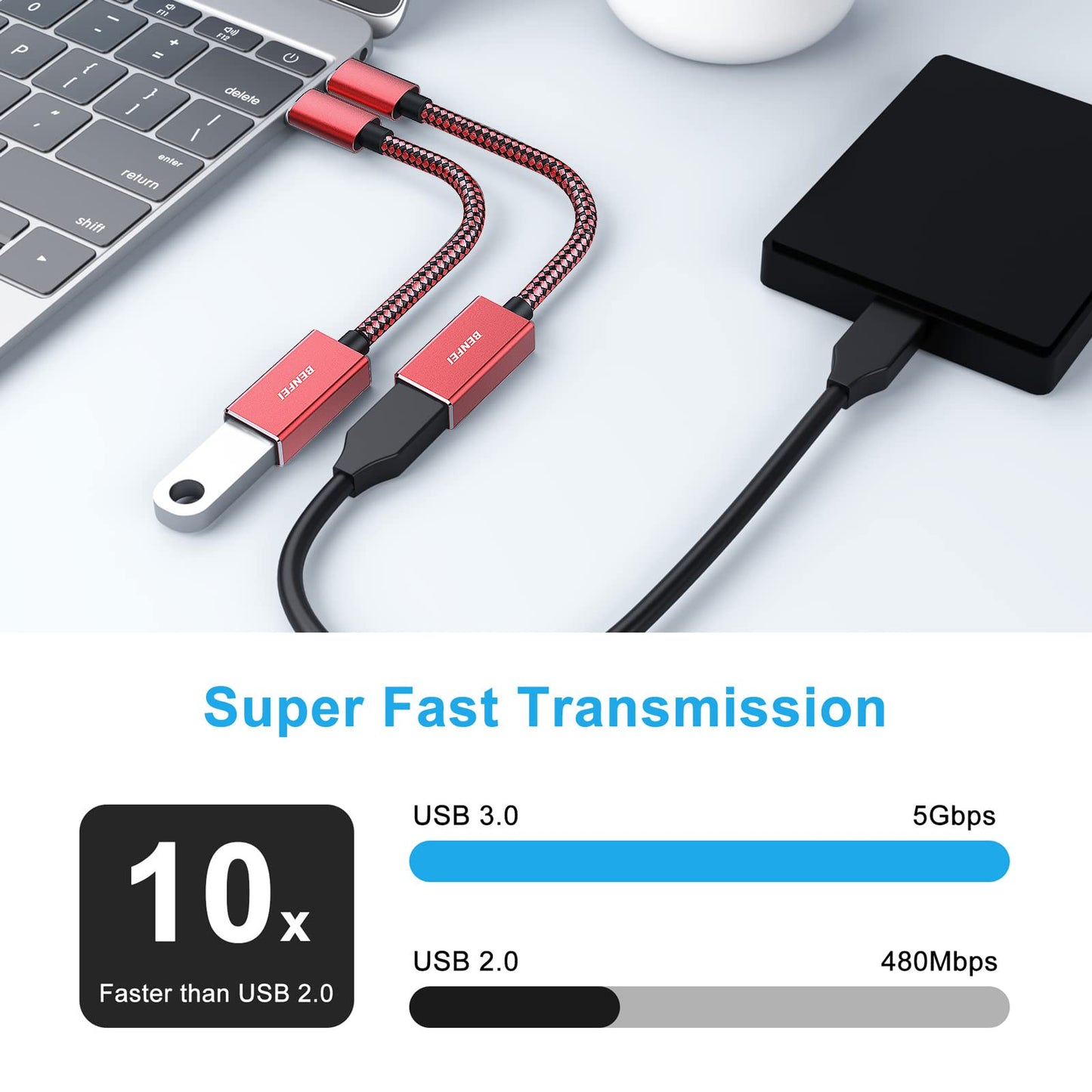 BENFEI USB C to USB 3.0 Adapter, 2 Pack USB C to A Male to Female Adapter Compatible with iPhone 15 Pro/Max, MacBook Pro/Air 2023, iPad Pro, iMac, S23, XPS 17, Surface Book 3 and More Red