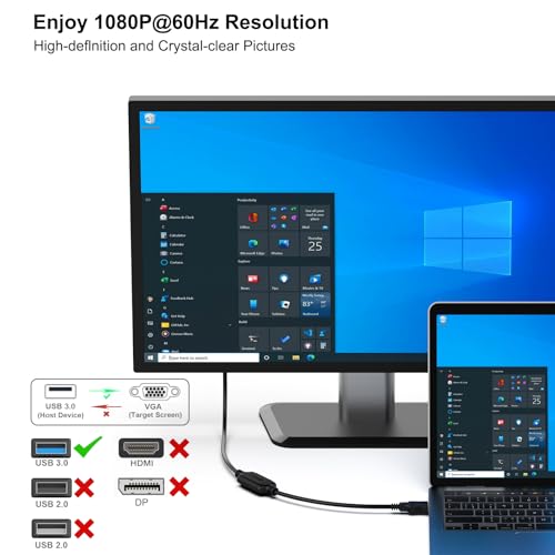 BENFEI 6 Feet USB 3.0 to VGA Cable Male to Male, Uni-Directional USB to VGA for Windows 11, Windows 10, Windows 8.1, Windows 8, Windows 7(Not for Mac)