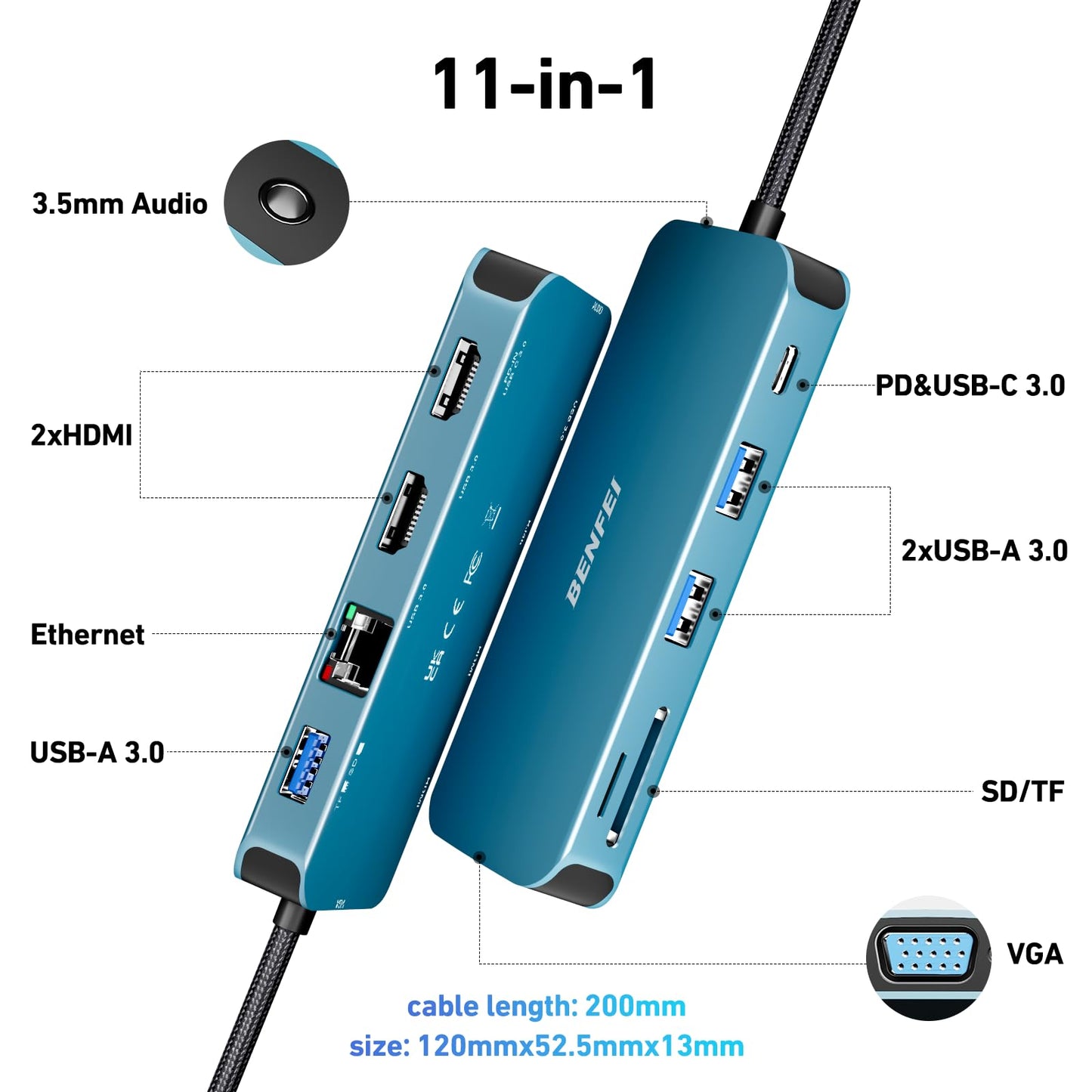 BENFEI 11-in-1 USB C Hub Triple Display Docking Station Dual HDMI, VGA, 3*USB 3.0, 1Gbps Ethernet, 100W Power Delivery, SD/TF Card Reader, 3.5mm AUX Audio Compatible with MacBook XPS Surface