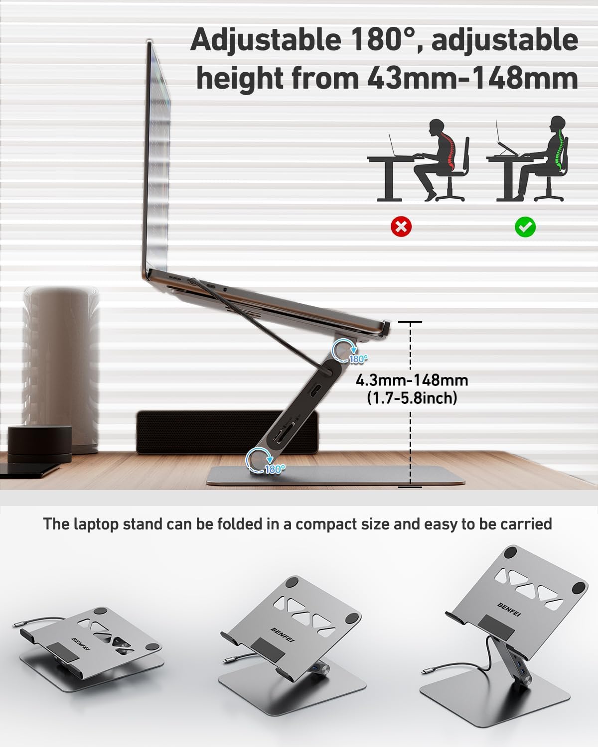 BENFEI Laptop Stand with USB C 7 in 1 Docking Station,HDMI 4K@60Hz,1*SD 1*Micro SD,100W Power Delivery,10Gbps 1*USB C 3.2 and 2*USB A 3.2 Compatible with MacBook Pro/Air, iPad Pro, XPS, Thinkpad