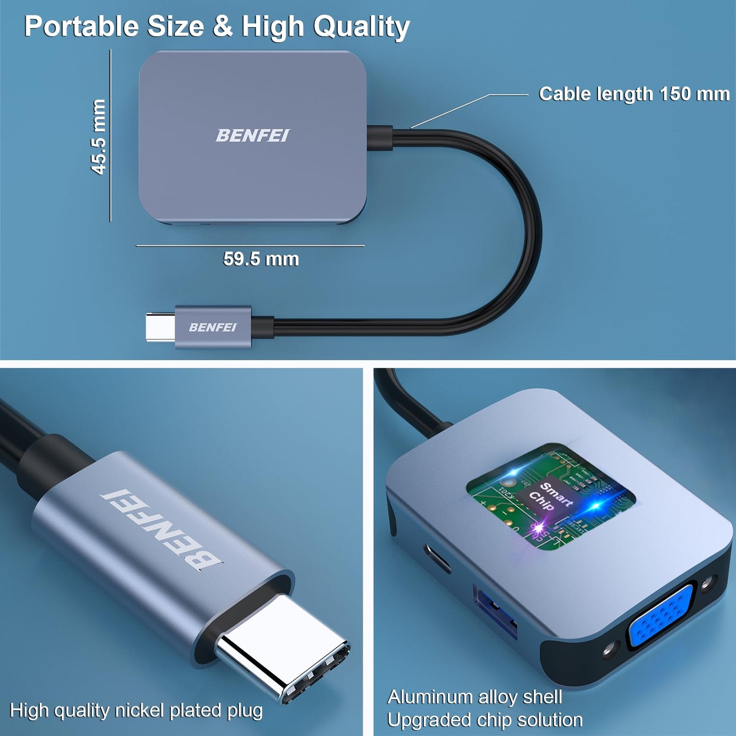 BENFEI USB C HUB 4in1, USB Type-C to HDMI VGA Adapter, USB C to USB Adapter, USB Type-C Power Delivery, Compatible with iPhone 15 Pro/Max, MacBook Pro/Air 2023, iPad Pro, iMac, S23, XPS 17 Grey