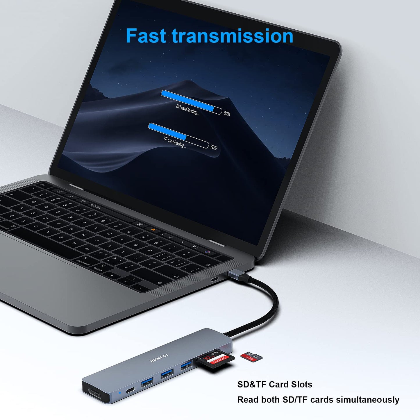 BENFEI USB C HUB 7in1, USB C HUB Multiport Adapter with USB-C to HDMI, USB-C to SD/TF Card Reader/3*USB 3.0/60W Power Delivery