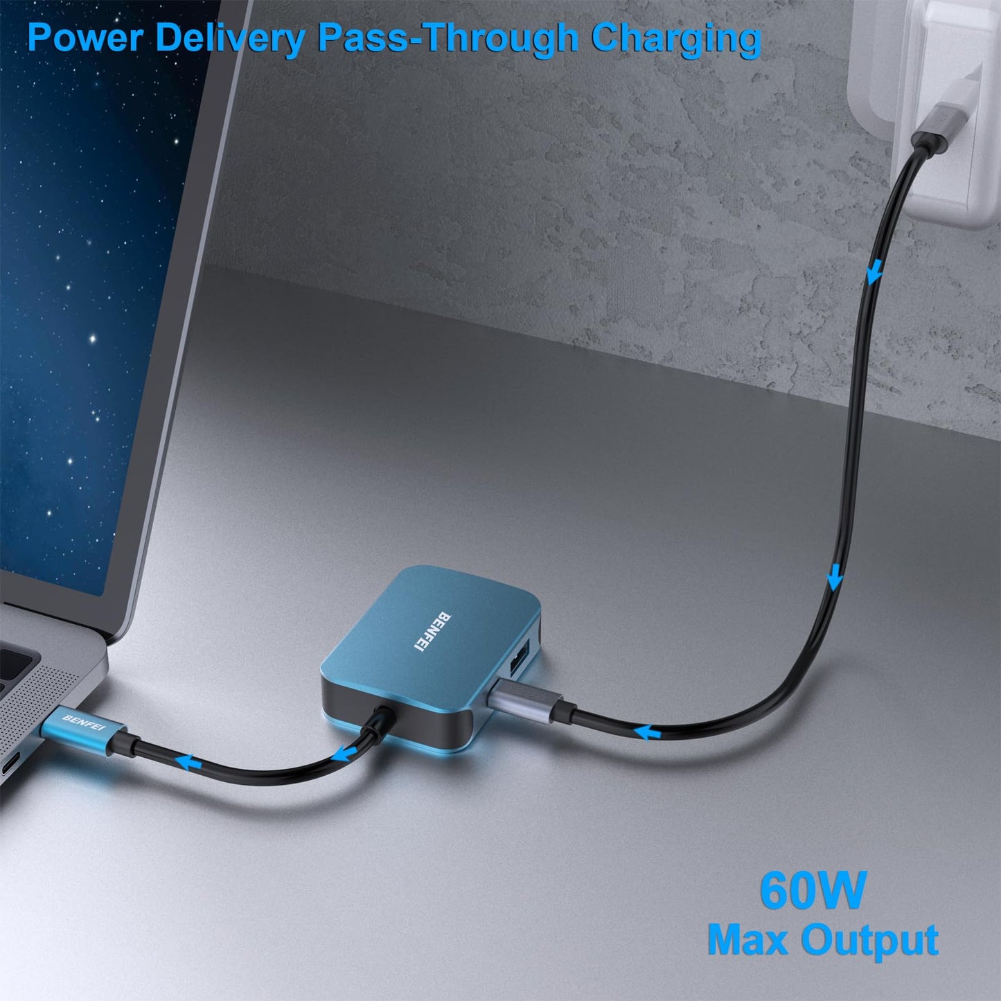 BENFEI USB C HUB 4in1, USB Type-C to HDMI VGA Adapter, USB C to USB Adapter, USB Type-C Power Delivery, Compatible with iPhone 15 Pro/Max, MacBook Pro/Air 2023, iPad Pro, iMac, S23, XPS 17 Blue