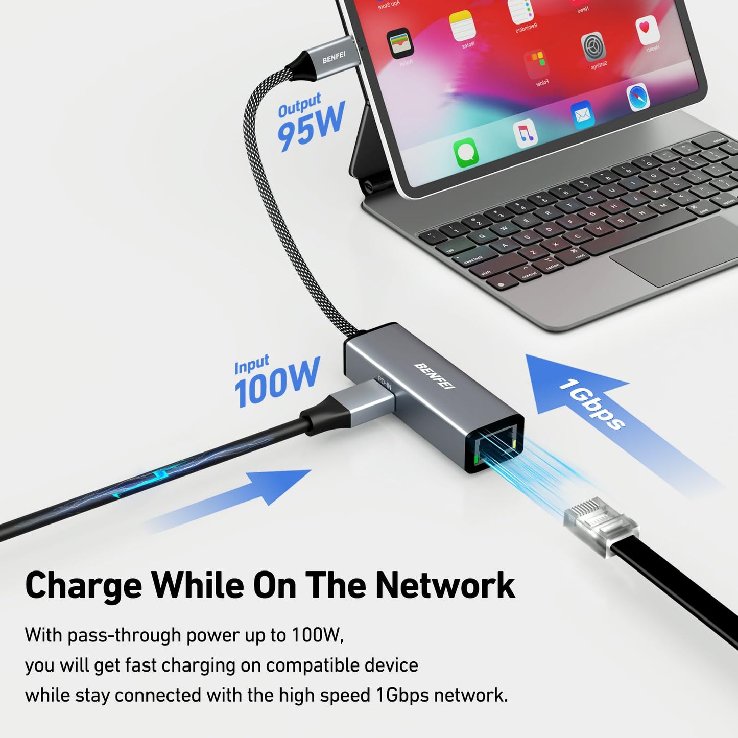 BENFEI USB-C to Ethernet Gigabit Adapter with 100W Power Delivery, Thunderbolt 3/4 to RJ45 Ethernet LAN Network Adapter