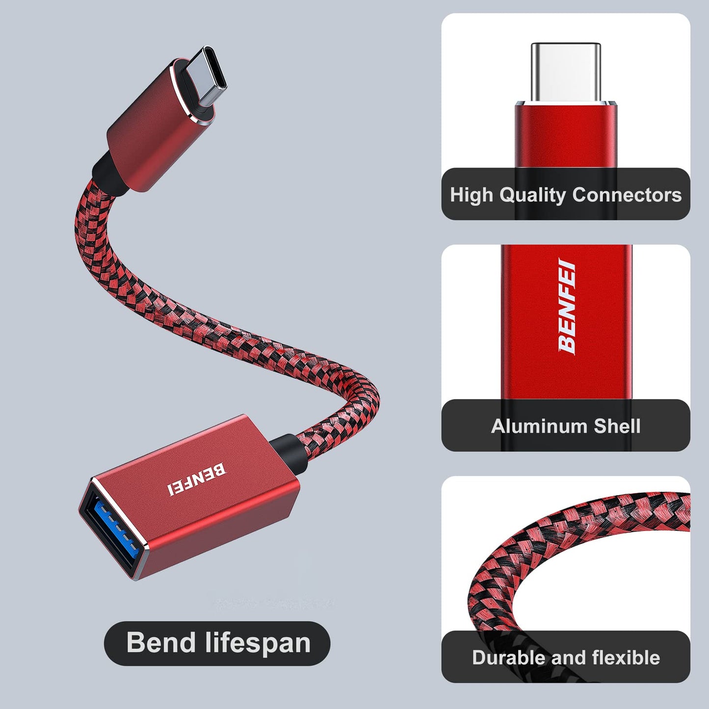 BENFEI USB C to USB 3.0 Adapter, 2 Pack USB C to A Male to Female Adapter Compatible with iPhone 15 Pro/Max, MacBook Pro/Air 2023, iPad Pro, iMac, S23, XPS 17, Surface Book 3 and More Red