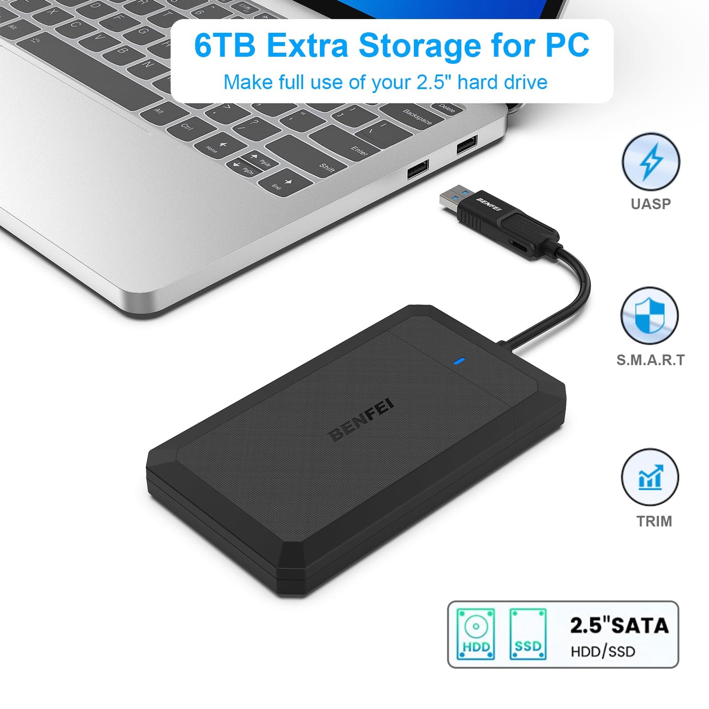 BENFEI 2.5 Inch SATA to USB Tool Free External Hard Drive Enclosure, USB Type-C/Type-A to Sata Compatible for 2.5 Inch SSD(Optimized for SSD, Support UASP SATA III)