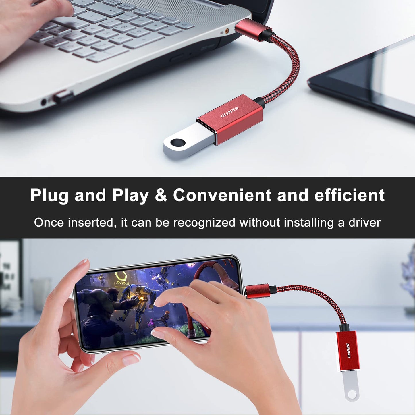 BENFEI USB C to USB 3.0 Adapter, 2 Pack USB C to A Male to Female Adapter Compatible with iPhone 15 Pro/Max, MacBook Pro/Air 2023, iPad Pro, iMac, S23, XPS 17, Surface Book 3 and More Red