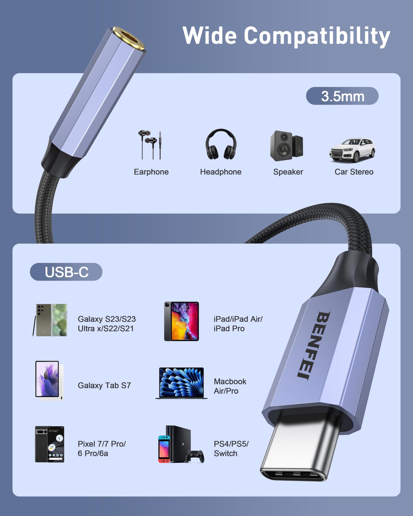 BENFEI USB C to Audio Jack Adapter with DAC chipset, USB-C to 3.5mm Female Headphone Compatible with iPhone 15 Pro Max/15 Pro/15, Samsung Galaxy S24/S23/S22/S21 Ultra, iPad Pro, Pixel 8 Grey