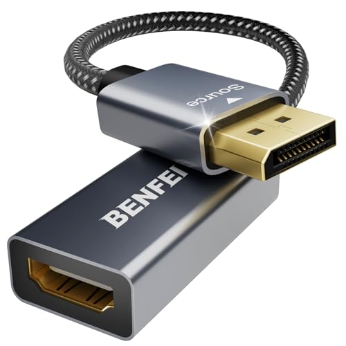 BENFEI 4K DisplayPort 转 HDMI 适配器电缆，（2K 60Hz、1080p 120Hz）单向显示端口转 HDMI 显示器转换器，兼容 HP、Dell、GPU、AMD、NVIDIA 等。公对母 1 灰色