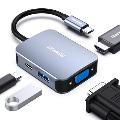 BENFEI USB C HUB 4in1, USB Type-C to HDMI VGA Adapter, USB C to USB Adapter, USB Type-C Power Delivery, Compatible with iPhone 15 Pro/Max, MacBook Pro/Air 2023, iPad Pro, iMac, S23, XPS 17 Grey