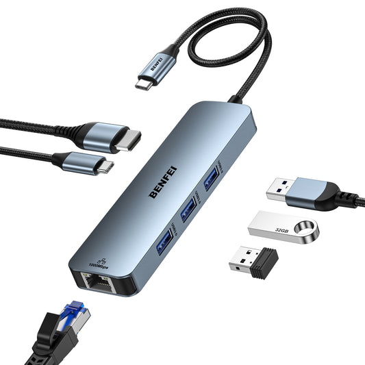 BENFEI USB C HUB 6-in-1 with HDMI(4K@60Hz), Gigabit Ethernet, 100W Power Delivery, 3*USB 3.0, Silicone Cable, Aluminum Case Compatible with iPhone 15 Pro/Max, MacBook, iPad Pro, iMac, S23, XPS17