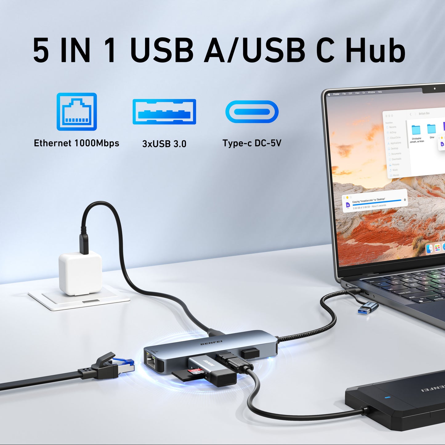 BENFEI USB-C USB 3.0 to Gigabit Ethernet Adapter, 3-Port USB 3.0 Hub with RJ45 Compatible with MacBook Pro/Air 2023, iPad Pro, iMac, S23, XPS 17, Surface Book 3 and More