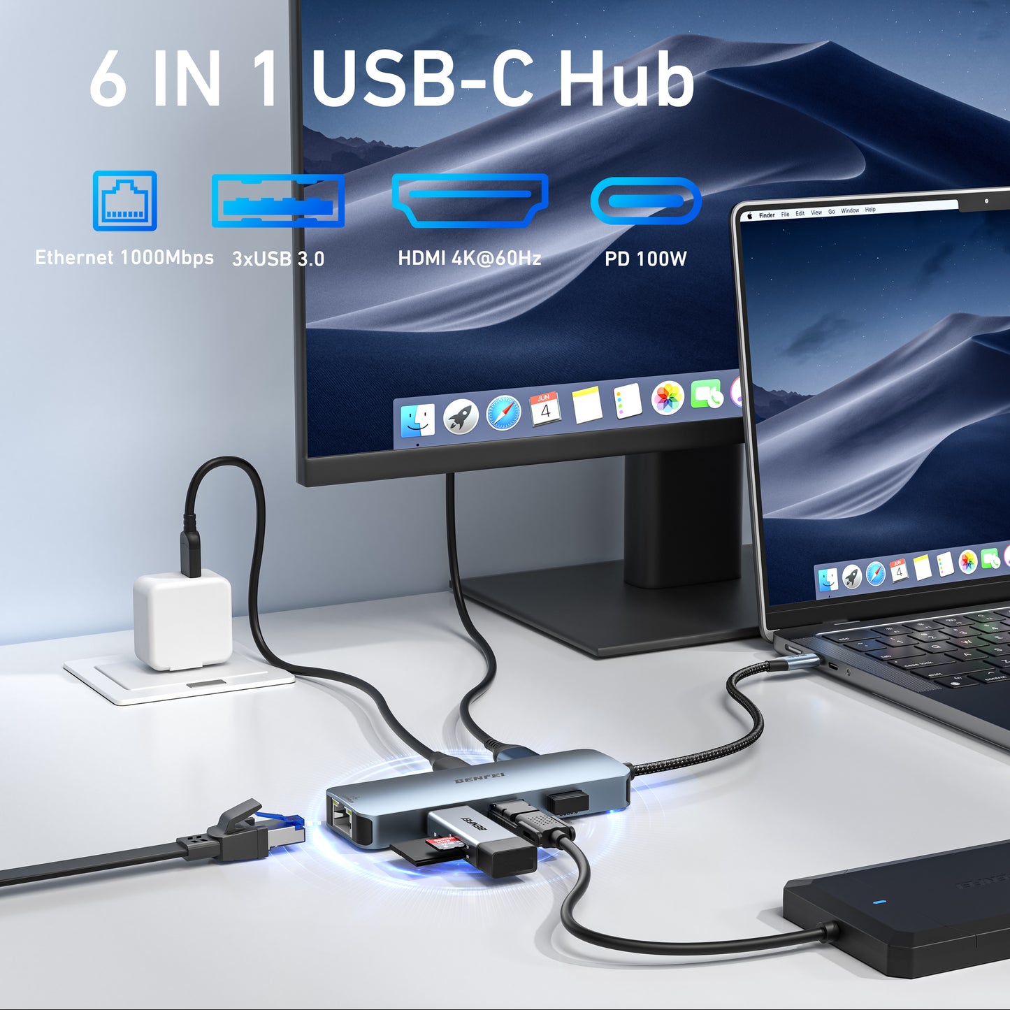 BENFEI USB C HUB 6-in-1 with HDMI(4K@60Hz), Gigabit Ethernet, 100W Power Delivery, 3*USB 3.0, Silicone Cable, Aluminum Case Compatible with iPhone 15 Pro/Max, MacBook, iPad Pro, iMac, S23, XPS17
