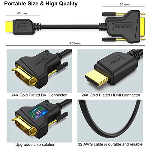 BENFEI HDMI to DVI, Bi Directional DVI-D 24+1 Male to HDMI Male High Speed Adapter Cable Support 1080P Full HD Compatible for Raspberry Pi, Roku, Xbox One, PS4 PS3, Graphics Card