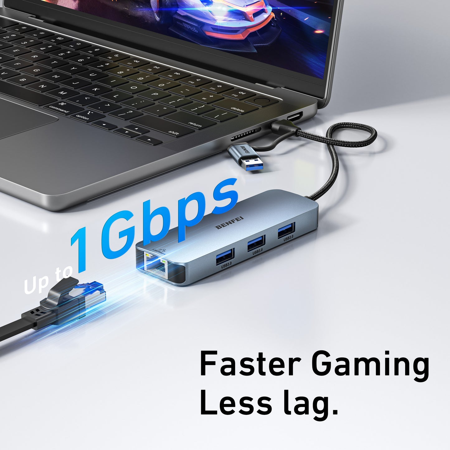 BENFEI USB-C USB 3.0 to Gigabit Ethernet Adapter, 3-Port USB 3.0 Hub with RJ45 Compatible with MacBook Pro/Air 2023, iPad Pro, iMac, S23, XPS 17, Surface Book 3 and More