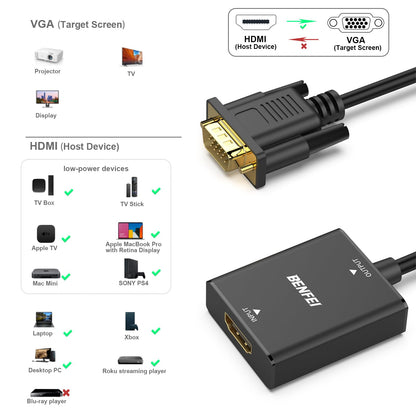 BENFEI HDMI to VGA, Uni-Directional HDMI Computer to VGA Monitor Adapter (Female to Male) with 3.5mm Audio Jack Compatible with TV Stick, Computer, Desktop, Laptop, PC, Monitor, Projector, Roku, Xbox 1 PACK