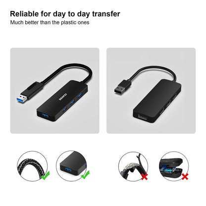BENFEI USB 3.0 Hub, USB-C HUB, 2-in-1 USB Type-A/Type-C Hub with 4 USB 3.0 Ports [Aluminum Shell, Nylon Braided] Compatible with iPhone 15 Pro/Max, MacBook Pro/Air 2023, iPad Pro, iMac, S23, XPS 17 0.3 Feet Black