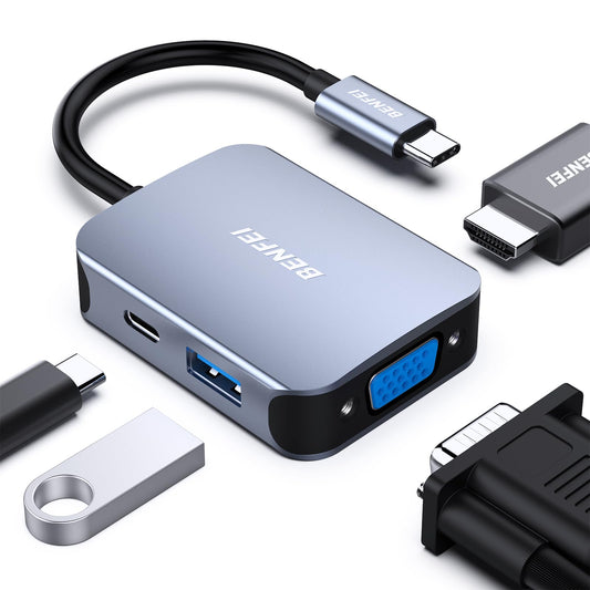 BENFEI USB C HUB 4in1, USB Type-C to HDMI VGA Adapter, USB C to USB Adapter, USB Type-C Power Delivery, Compatible with iPhone 15 Pro/Max, MacBook Pro/Air 2023, iPad Pro, iMac, S23, XPS 17 Grey