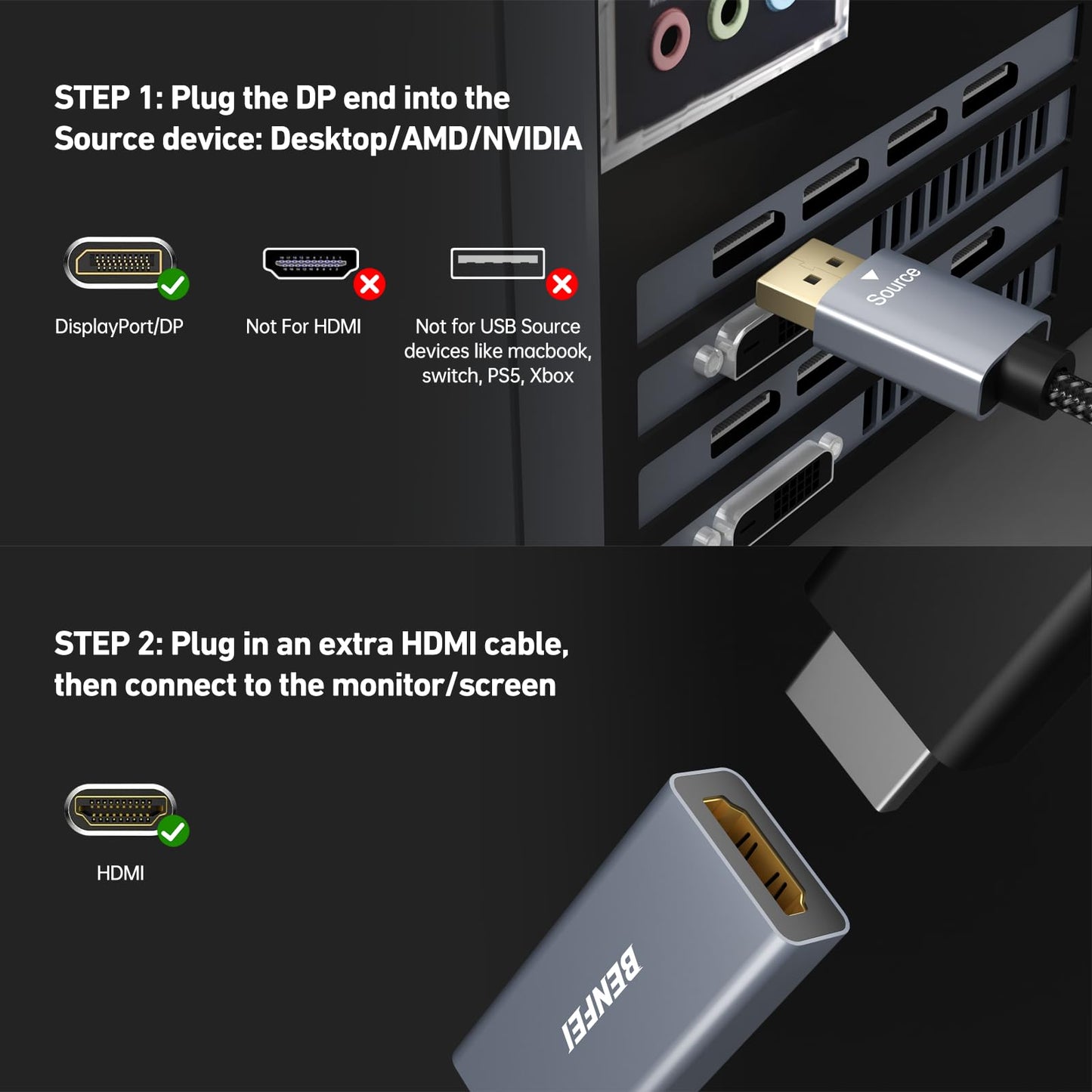 BENFEI 4K DisplayPort 转 HDMI 适配器电缆，（2K 60Hz、1080p 120Hz）单向显示端口转 HDMI 显示器转换器，兼容 HP、Dell、GPU、AMD、NVIDIA 等。公对母 1 灰色