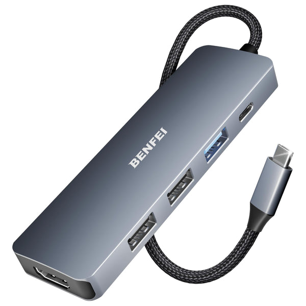 BENFEI 5in1 USB C Hub with 4K HDMI, 3 USB-A, 100W Power Delivery, Silicone and Woven Design Cable, Aluminum Case