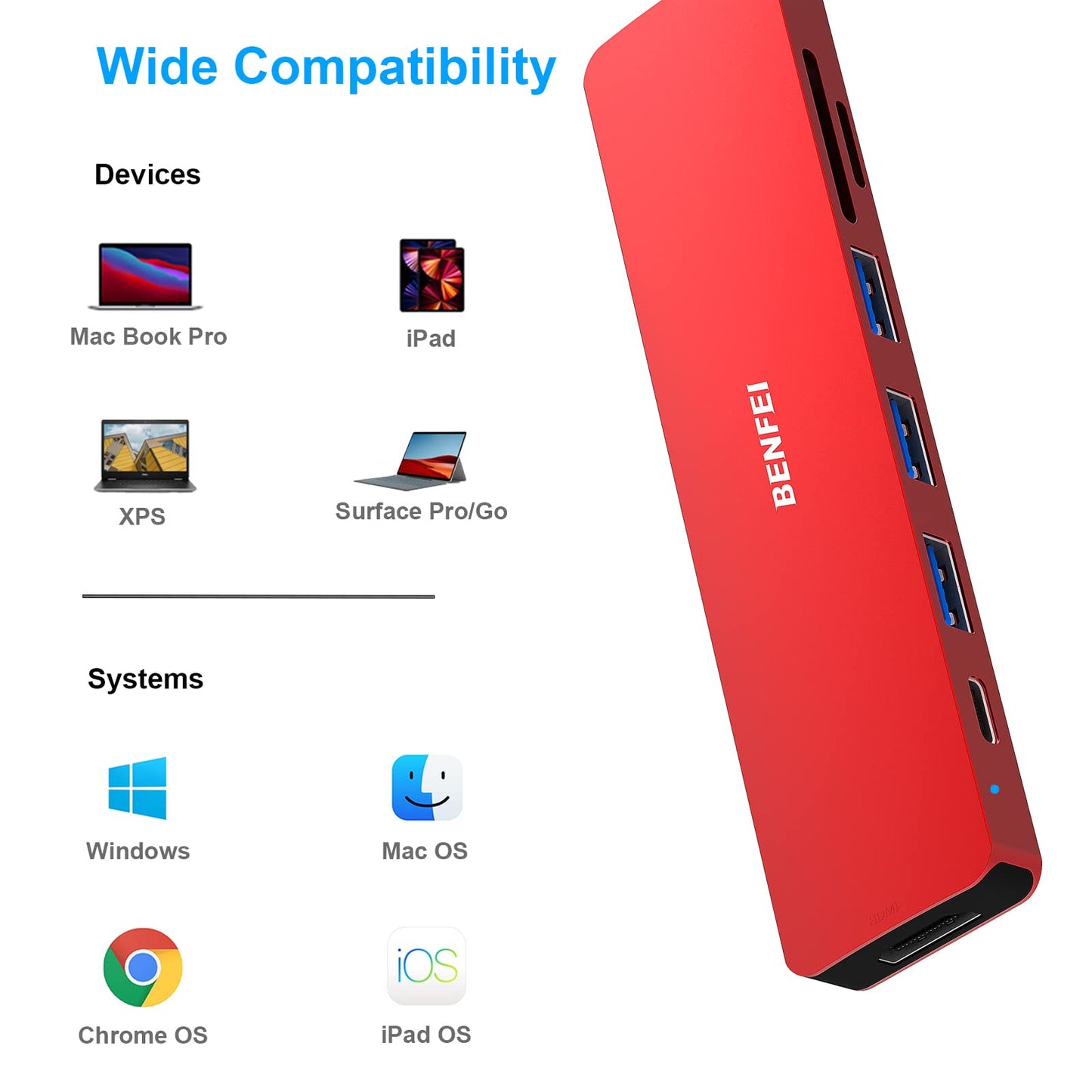 BENFEI USB C HUB 7in1, USB C HUB Multiport Adapter with USB-C to HDMI, USB-C to SD/TF Card Reader/3*USB 3.0/60W Power Delivery, Compatible with iPhone 15 Pro/Max, MacBook, iPad Pro, iMac, S23, XPS17 Red