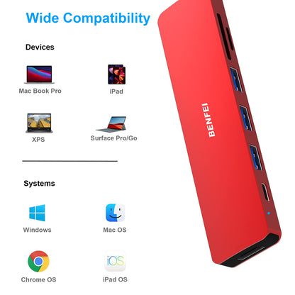 BENFEI USB C HUB 7in1, USB C HUB Multiport Adapter with USB-C to HDMI, USB-C to SD/TF Card Reader/3*USB 3.0/60W Power Delivery, Compatible with iPhone 15 Pro/Max, MacBook, iPad Pro, iMac, S23, XPS17 Red