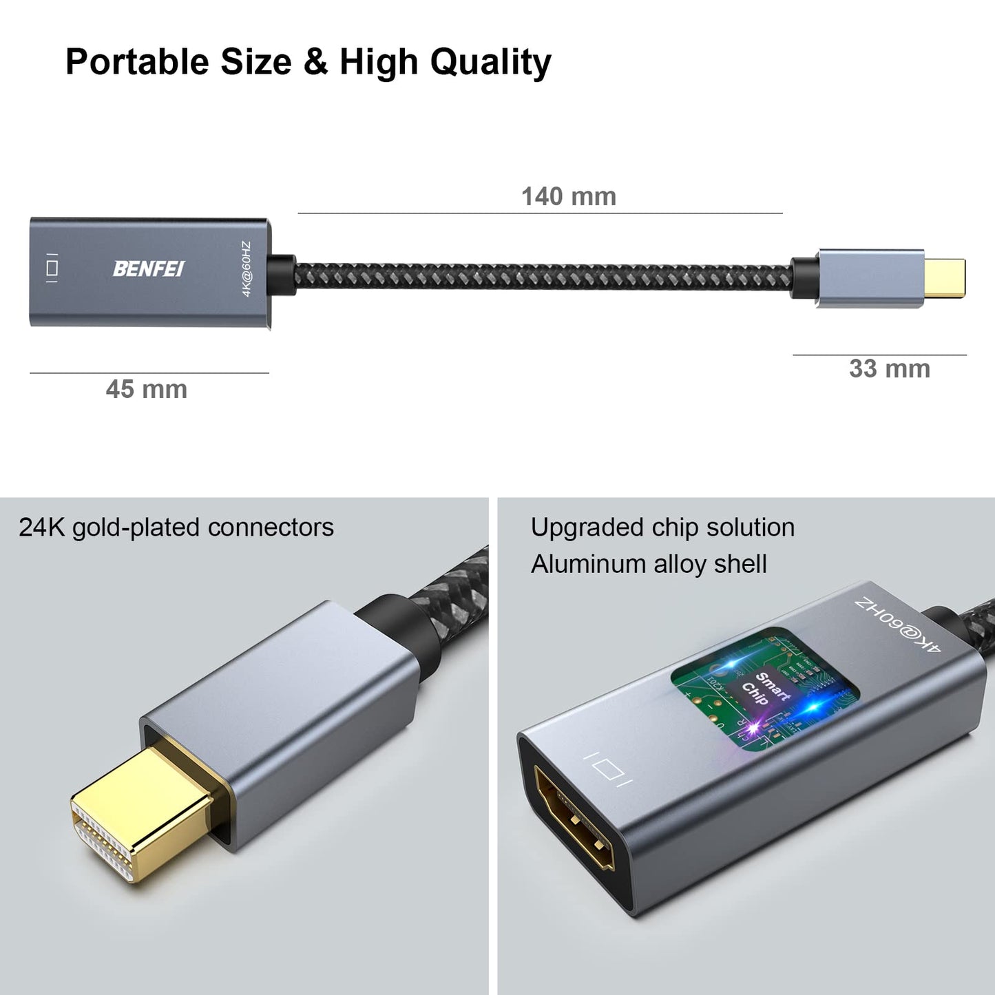 BENFEI Mini DisplayPort to HDMI, 4K@60Hz Active Mini DP to HDMI Adapter (Thunderbolt Compatible) with MacBook Air/Pro, Surface Pro/Dock, Monitor, Projector