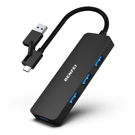 BENFEI USB 3.0 Hub, USB-C HUB, 2-in-1 USB Type-A/Type-C Hub with 4 USB 3.0 Ports [Aluminum Shell, Nylon Braided] Compatible with iPhone 15 Pro/Max, MacBook Pro/Air 2023, iPad Pro, iMac, S23, XPS 17 0.3 Feet Black