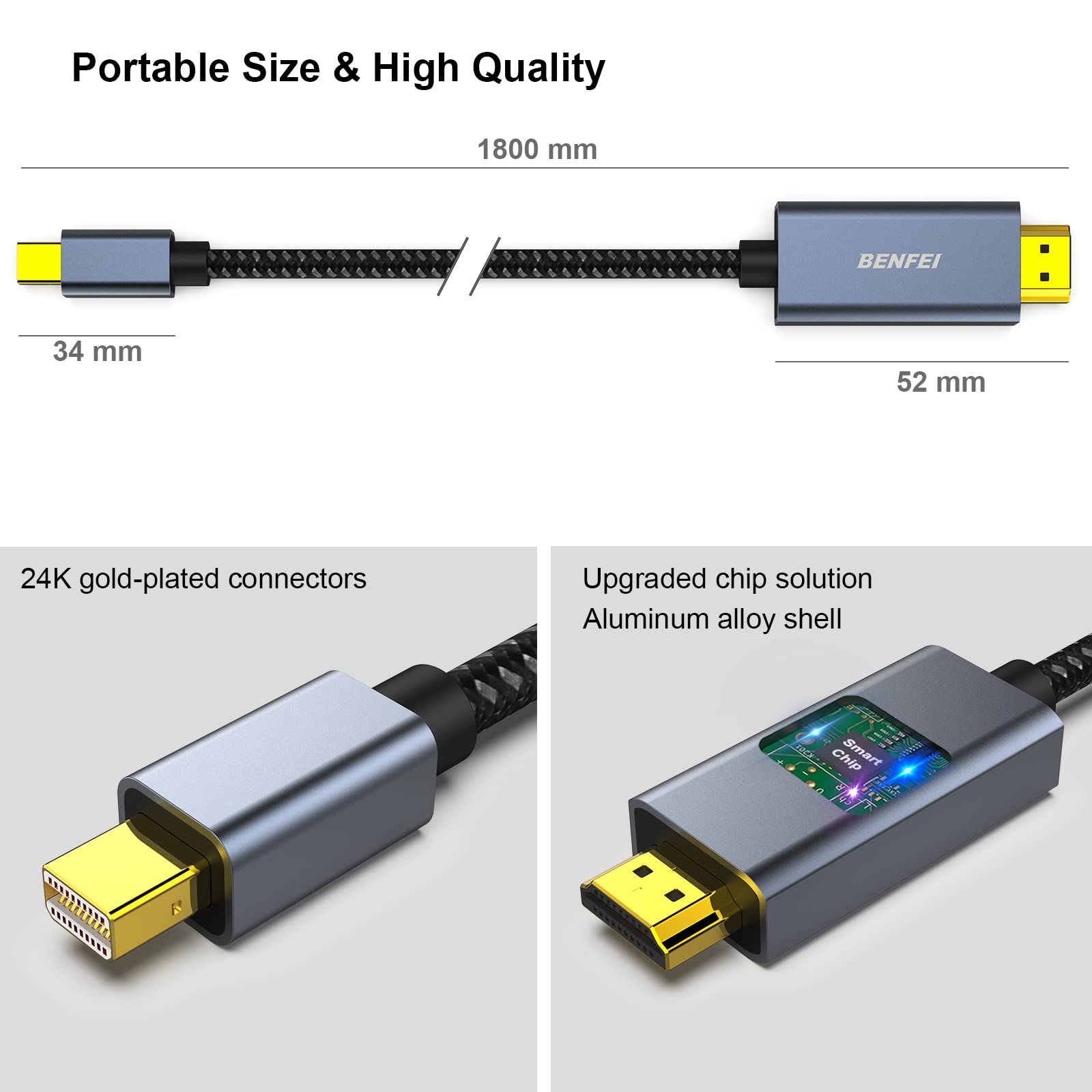 BENFEI Mini DisplayPort to HDMI 6 Feet Cable [4K@30Hz, Aluminum