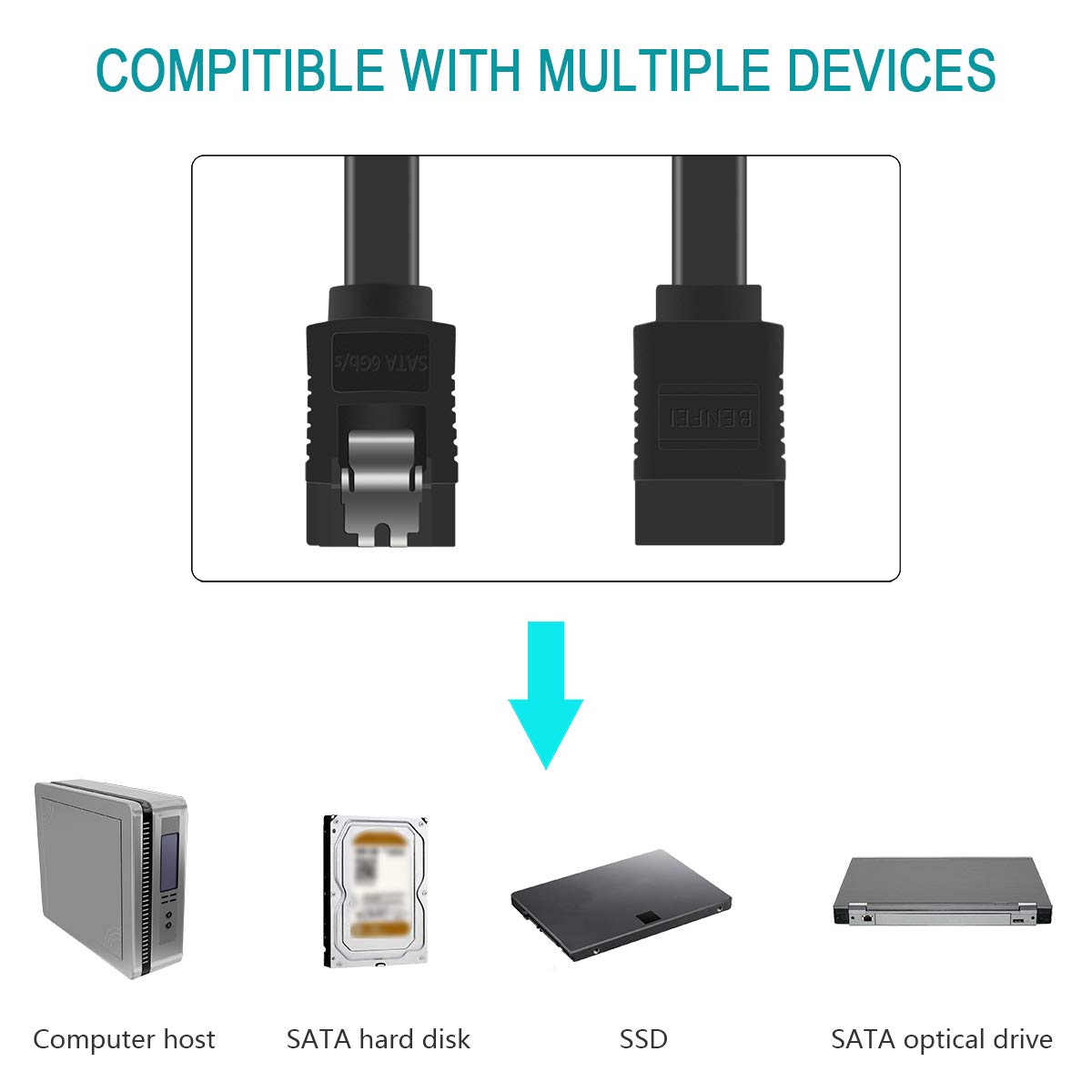 BENFEI SATA Cable III, SATA Cable III 6Gbps Straight HDD SDD Data Cable with Locking Latch 18 Inch Compatible for SATA HDD, SSD, CD Driver, CD Writer - Black 1 Pack