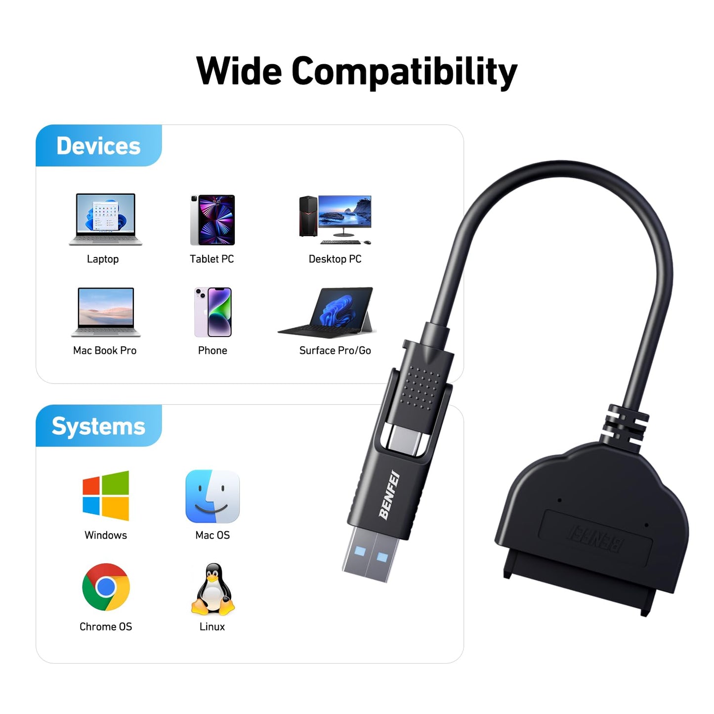 BENFEI SATA to USB Cable, 2in1 USB-C/USB 3.0 to SATA III Hard Driver Adapter Compatible for 2.5 inch HDD and SSD USB to 2.5 SSD HDD