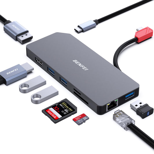 BENFEI 9in1 USB C MST Laptop Docking Station, USB-C Hub with USB-C to HDMI DisplayPort Dual Monitor/3*USB Type-A/1*USB Type-C(10Gbps+100W PD)/SD/TF Card Reader/1*RJ45