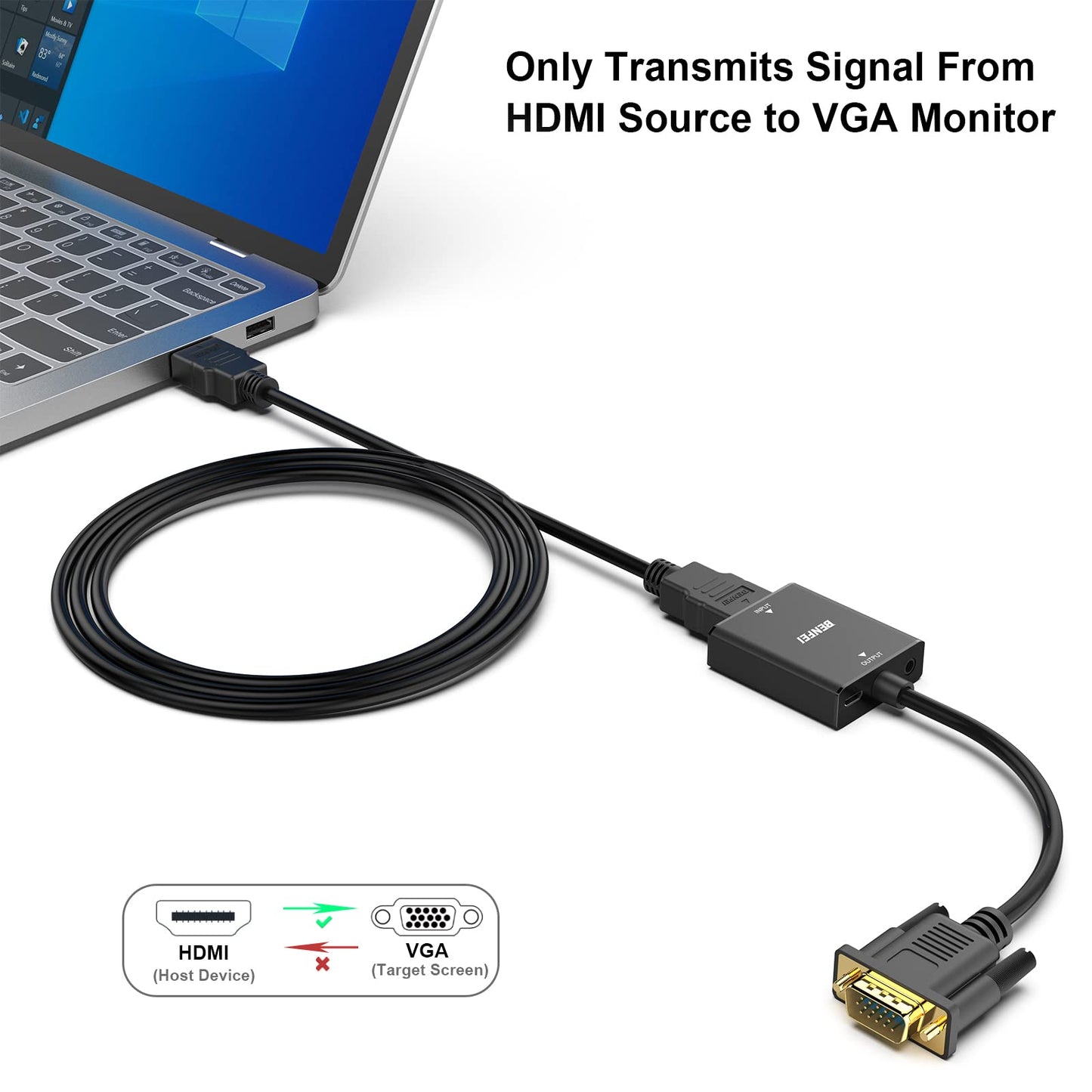 BENFEI HDMI to VGA, Uni-Directional HDMI Computer to VGA Monitor Adapter (Female to Male) with 3.5mm Audio Jack Compatible with TV Stick, Computer, Desktop, Laptop, PC, Monitor, Projector, Roku, Xbox 1 PACK