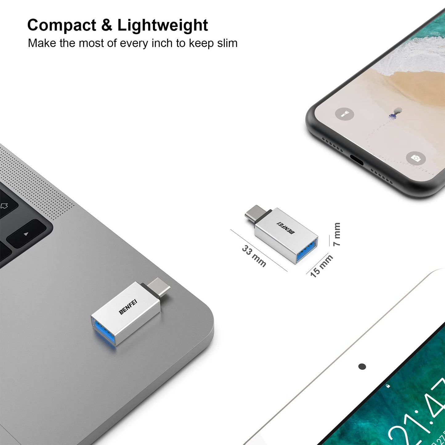 BENFEI USB C to USB 3.0 Adapter, 3 Pack USB C to A Male to Female Adapter Compatible with iPhone 15 Pro/Max, MacBook Pro/Air 2023, iPad Pro, iMac, S23, XPS 17, Surface Book 3 and More - Silver