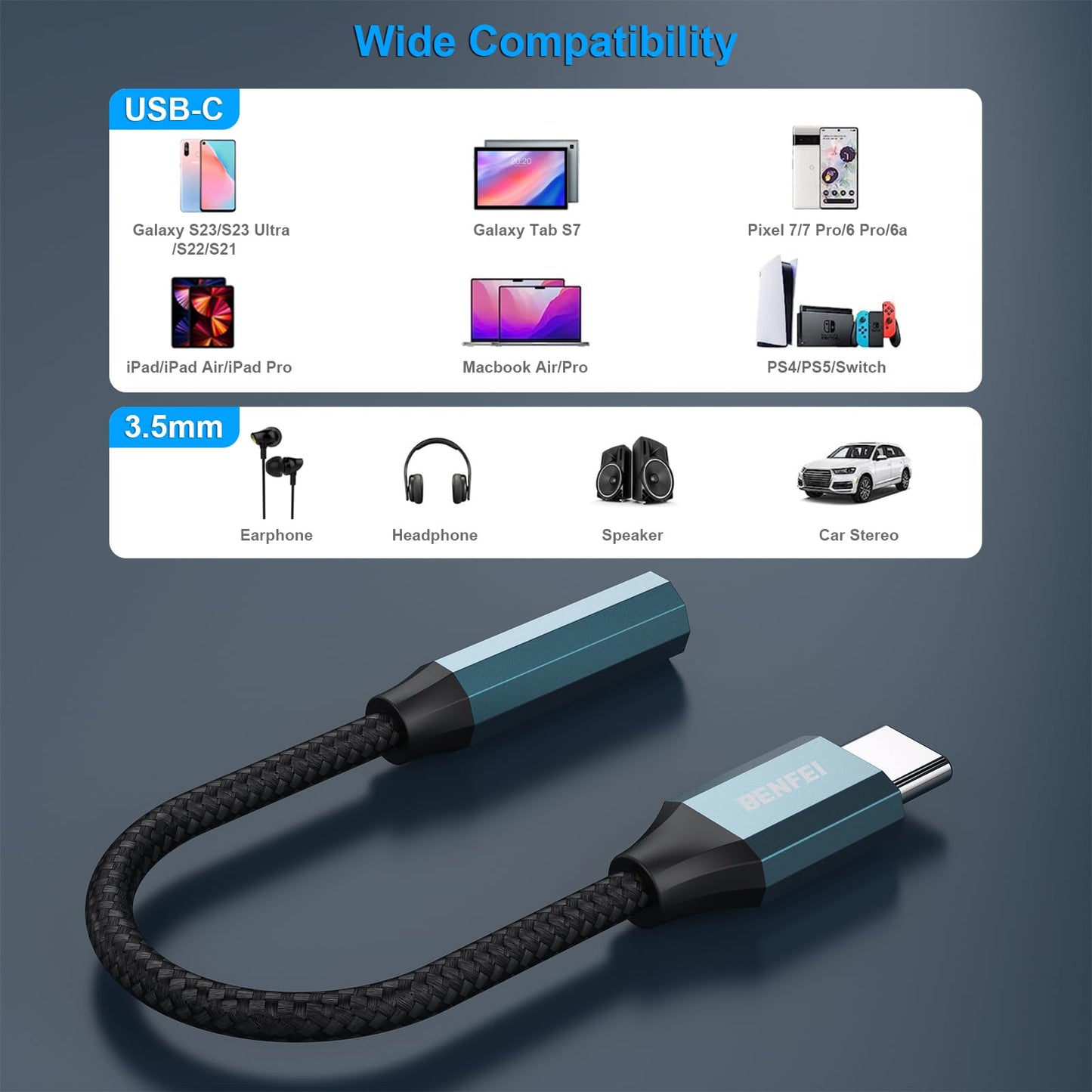 BENFEI USB C to Audio Jack Adapter with DAC chipset, USB-C to 3.5mm Female Headphone Compatible with iPhone 15 Pro Max/15 Pro/15, Samsung Galaxy S24/S23/S22/S21 Ultra, iPad Pro, Pixel 8 Grey
