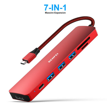 BENFEI USB C HUB 7in1, USB C HUB Multiport Adapter with USB-C to HDMI, USB-C to SD/TF Card Reader/3*USB 3.0/60W Power Delivery, Compatible with iPhone 15 Pro/Max, MacBook, iPad Pro, iMac, S23, XPS17 Red
