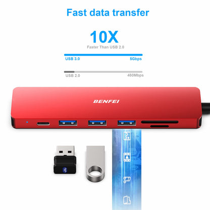 BENFEI USB C HUB 7in1, USB C HUB Multiport Adapter with USB-C to HDMI, USB-C to SD/TF Card Reader/3*USB 3.0/60W Power Delivery, Compatible with iPhone 15 Pro/Max, MacBook, iPad Pro, iMac, S23, XPS17 Red