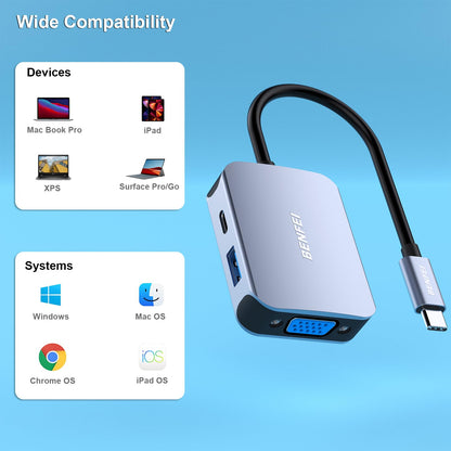 BENFEI USB C HUB 4in1, USB Type-C to HDMI VGA Adapter, USB C to USB Adapter, USB Type-C Power Delivery, Compatible with iPhone 15 Pro/Max, MacBook Pro/Air 2023, iPad Pro, iMac, S23, XPS 17 Grey