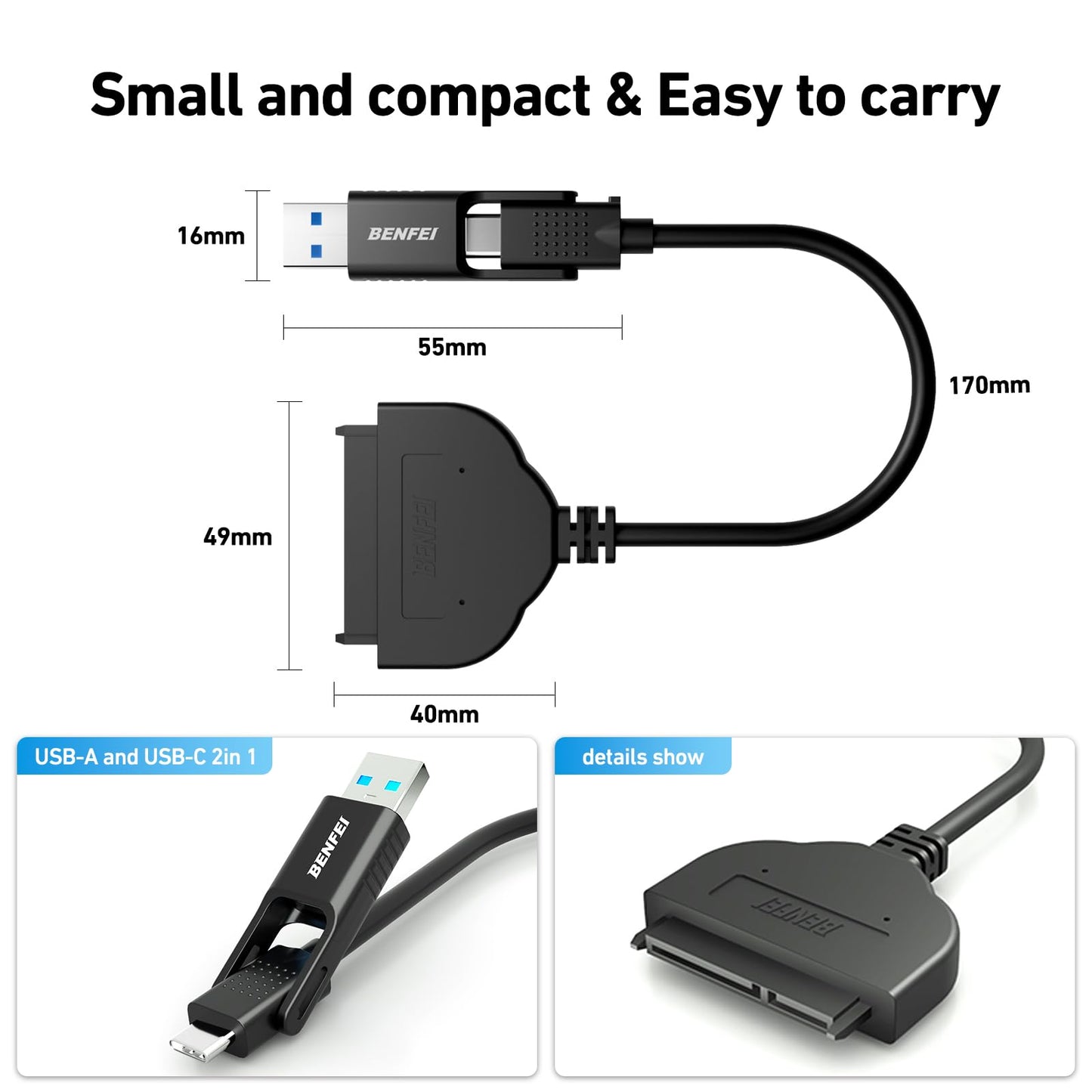 BENFEI SATA to USB Cable, 2in1 USB-C/USB 3.0 to SATA III Hard Driver Adapter Compatible for 2.5 inch HDD and SSD USB to 2.5 SSD HDD