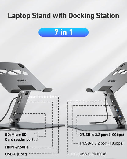 BENFEI Laptop Stand with USB C 7 in 1 Docking Station,HDMI 4K@60Hz,1*SD 1*Micro SD,100W Power Delivery,10Gbps 1*USB C 3.2 and 2*USB A 3.2 Compatible with MacBook Pro/Air, iPad Pro, XPS, Thinkpad