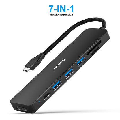 BENFEI USB C HUB 7in1, USB C HUB Multiport Adapter with USB-C to HDMI, USB-C to SD/TF Card Reader/3*USB 3.0/60W Power Delivery, Compatible with iPhone 15 Pro/Max, MacBook, iPad Pro, iMac, S23, XPS17 Black
